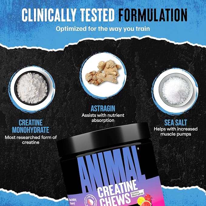 Animal Creatine Chews Tablets - Enhanced Creatine Monohydrate with AstraGin to Improve Absorption, Sea Salt for Added Pumps, Delicious and Convenient Chewable Tablets - Fruit Punch