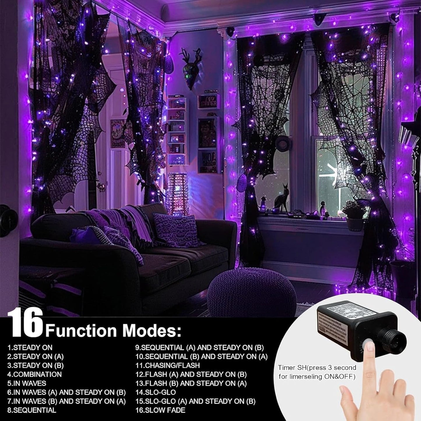 LAMPHOME 33ft Halloween Decorative Mini Lights, 100 LED Transparent Wire Fairy Starry String Lights Plug in, 11Lighting Modes, for Halloween Decoration Outdoor Xmas Tree Party Decoration (Purple)