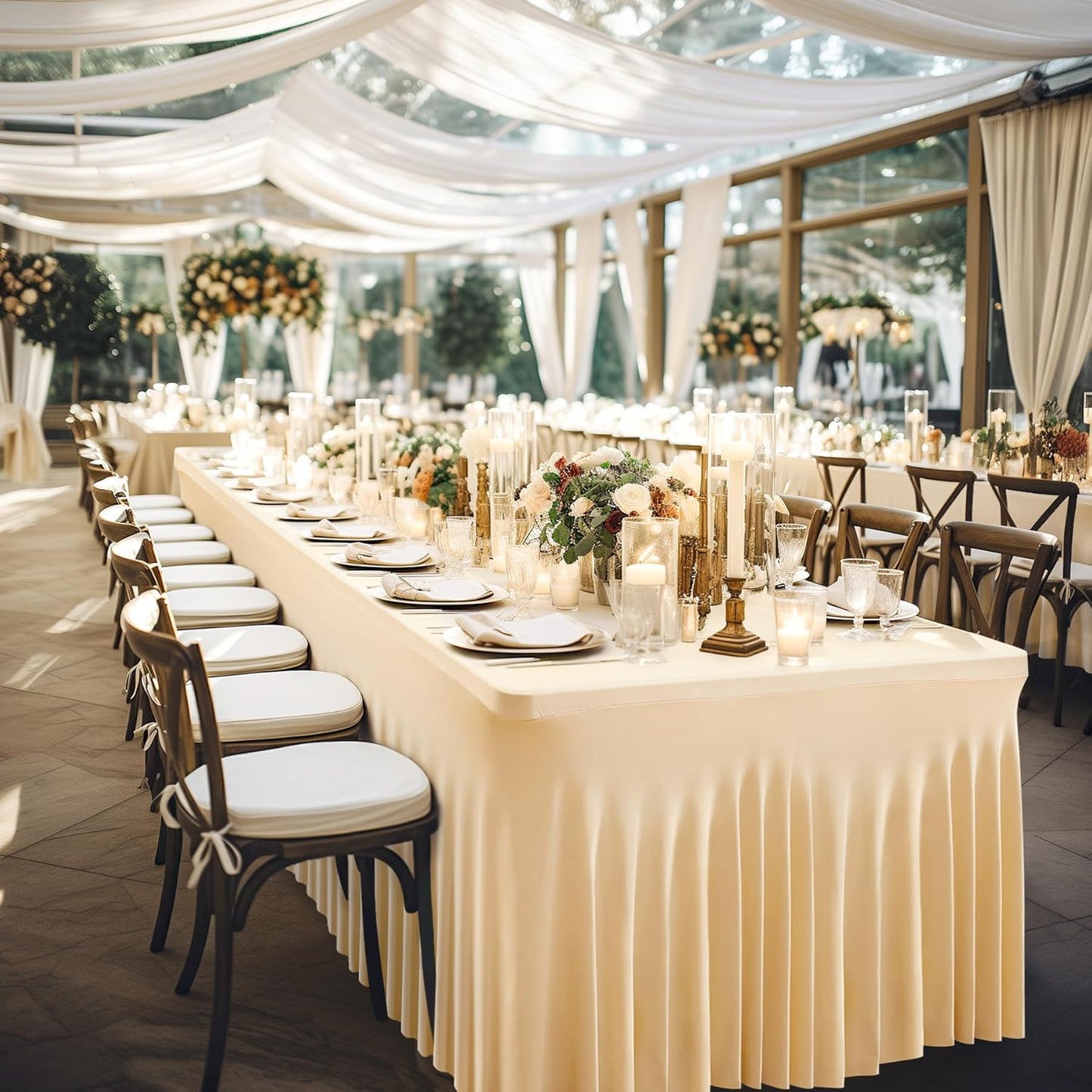 Wish Care 2 Pack Champagne Spandex Table Clothes for 6 Foot Rectangle Tables, 6FT Wrinkle Free Fitted Tablecloths Ruffles Design Table Cover for Party, Banquet, Wedding and Events