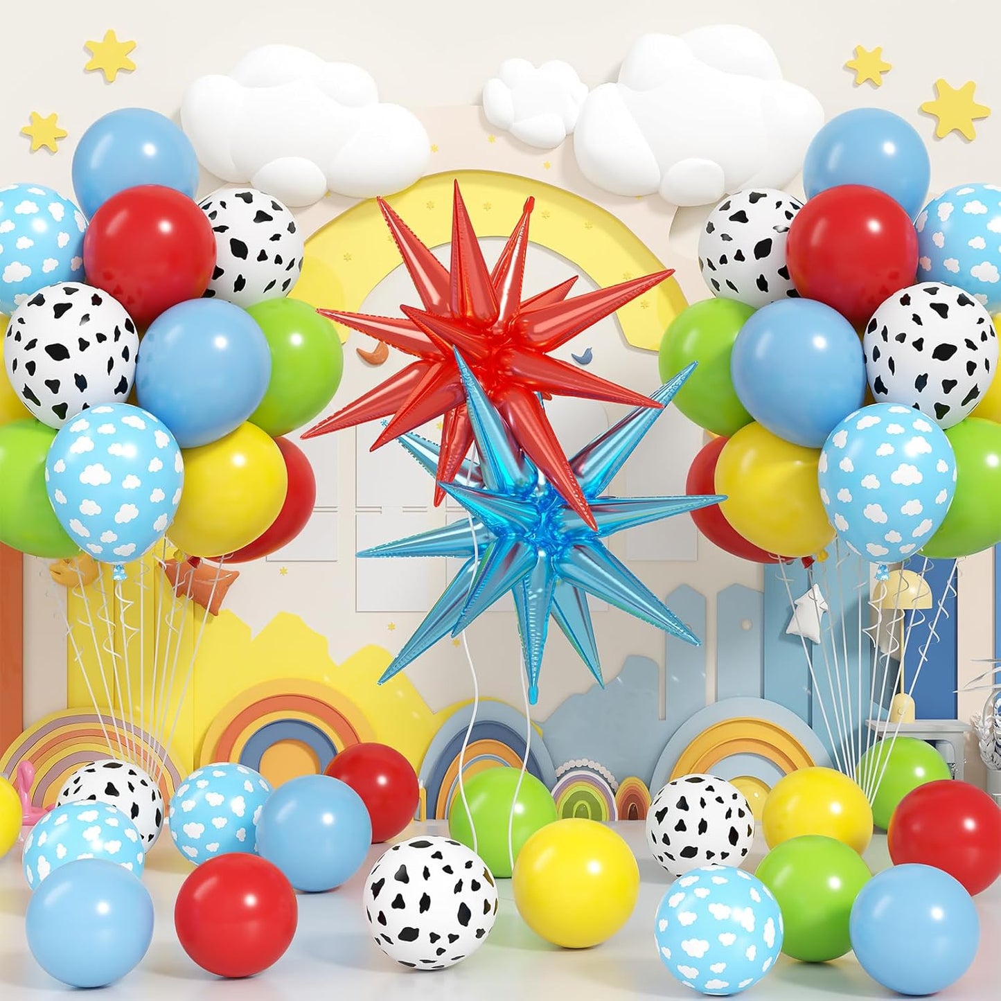 Red Blue Yellow Balloons, 12 Inch Cow Pattern Cloud Light Blue Yellow Red Fruit Green Balloons with Star Foil Balloon for Boys Girls Baby Shower Party Birthday Decorations