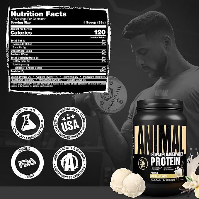 Animal Whey Isolate Protein Powder - Loaded for Pre & Post Workout Muscle Builder and Recovery with Digestive Enzymes for Men & Women - 25g Protein, Great Taste, Low Sugar - Vanilla 2 lbs
