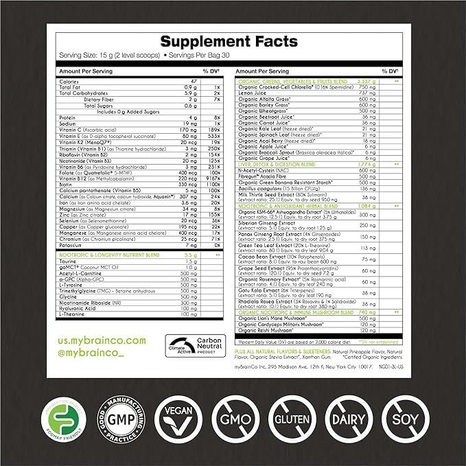 Nootropic Greens - Premium All-in-One Body, Brain & Longevity Optimization Nutrition. Organic Greens & Superfoods, Alpha-GPC, L-Theanine, Lion’s Mane, TMG, NR, NAC & More. (15.9 oz)