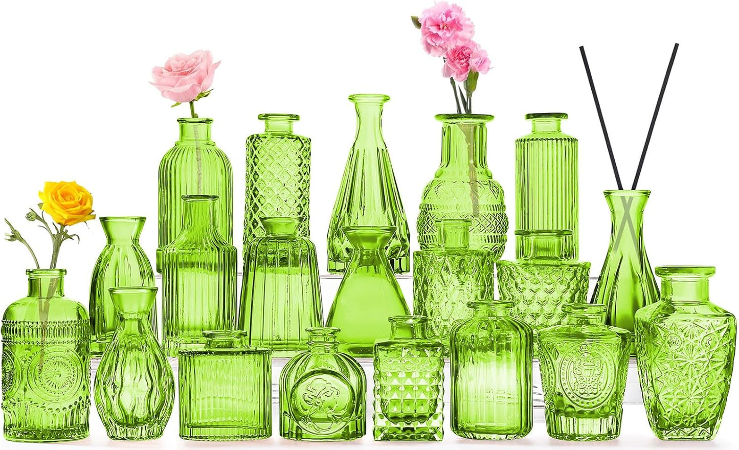 Green Glass Bud Vase Set,20Pcs Small Glass Vase for Flowers, Clear Bud Set in Bulk,Mini Single Vintage Style for Centerpiece for Rustic Wedding Decorations Home Table Flower Décor