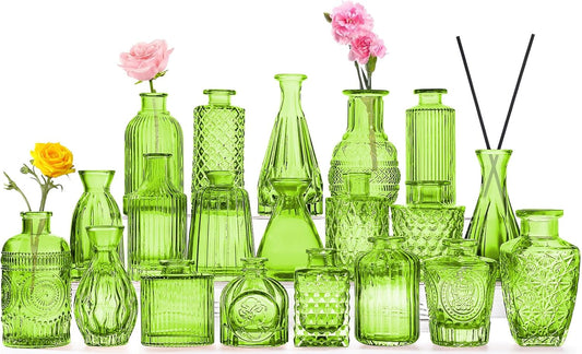 Green Glass Bud Vase Set,20Pcs Small Glass Vase for Flowers, Clear Bud Set in Bulk,Mini Single Vintage Style for Centerpiece for Rustic Wedding Decorations Home Table Flower Décor