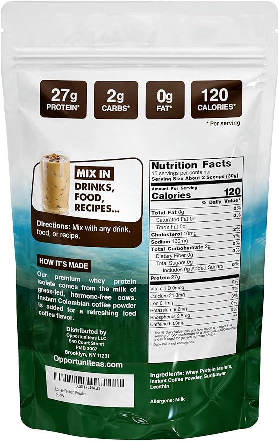 Opportuniteas Coffee Whey Protein Powder - Low Carb & Keto Friendly - Grass Fed Whey Isolate + Colombian Coffee - 60 mg Caffeine for Energy - Pre or Post Workout Drink Mix, Latte, Shake & Smoothie 1lb