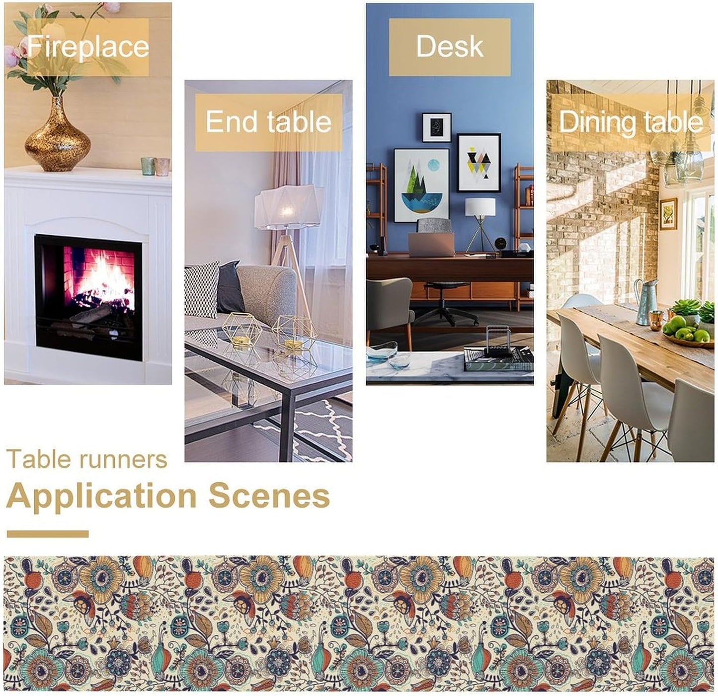 Boho Floral Table Runner,Vintage Flowers Tropical Plants Country Style Table Cloth Kitchen Dining Table Home Party Decoration 13x36 Inch