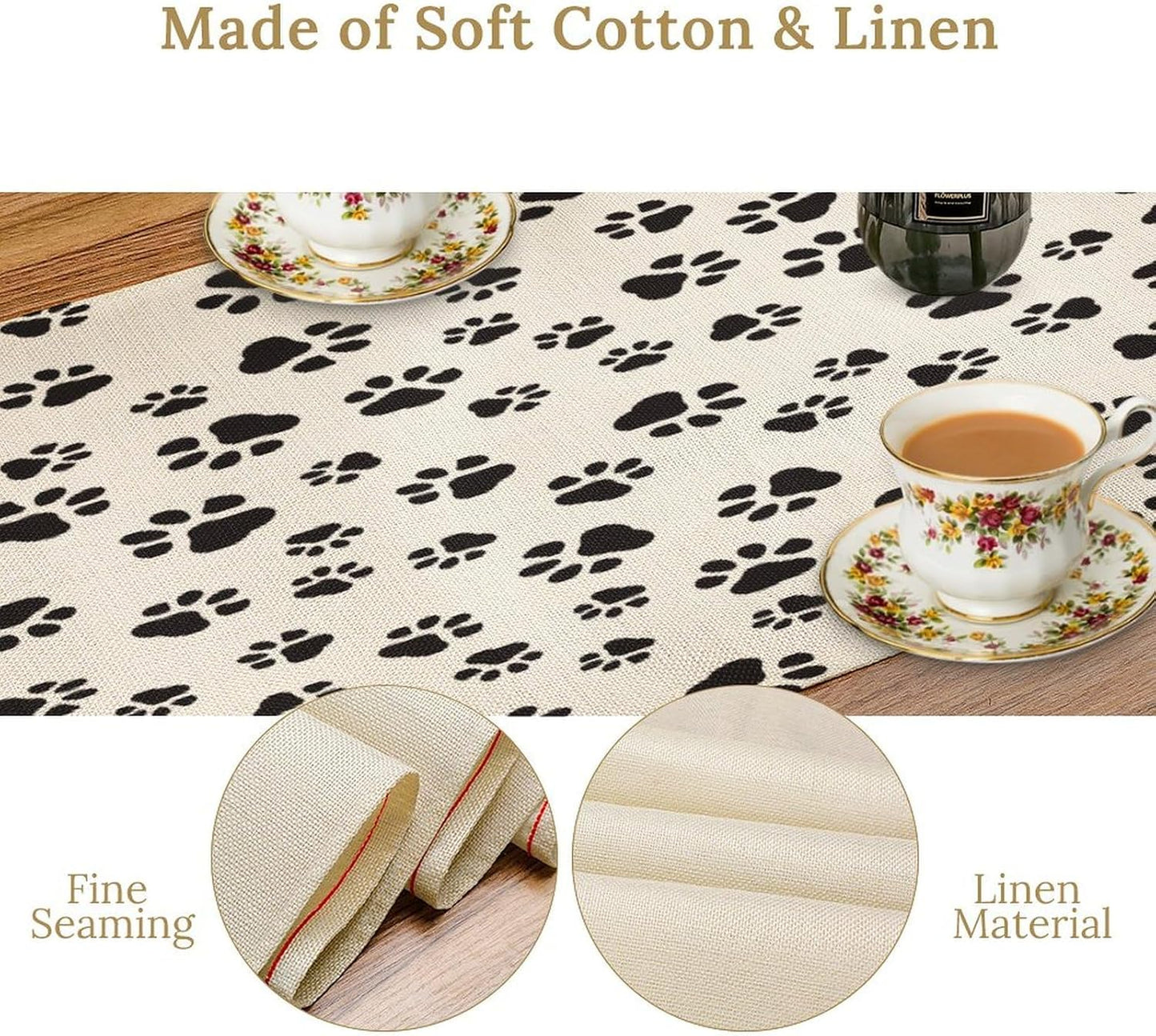 Dog Paws Table Runner,Cartoon Cute Black White Animal Footprints Abstract Tablecloth Burlap for Hotel Indoors Outdoor Dining Room Kitchen Home Decor,W13X L60 in
