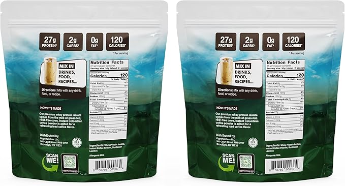 Opportuniteas Grass Fed Coffee Whey Protein Isolate Powder - 27g Protein Powder Without Artificial Sweeteners, 60mg Caffeine, Hormone-Free Cows - 5lb