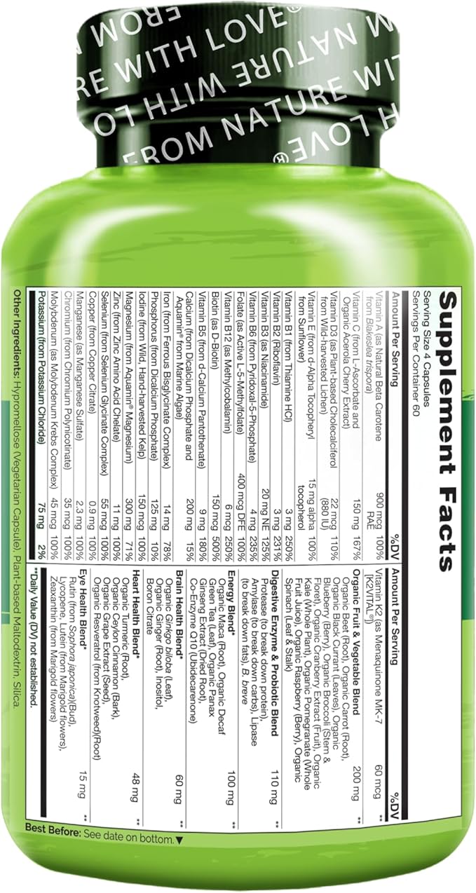 NATURELO Whole Food Multivitamin for Women - with Vitamins, Minerals, & Organic Extracts - Supplement for Energy and Heart Health - Non GMO - 240 Vegan Capsules