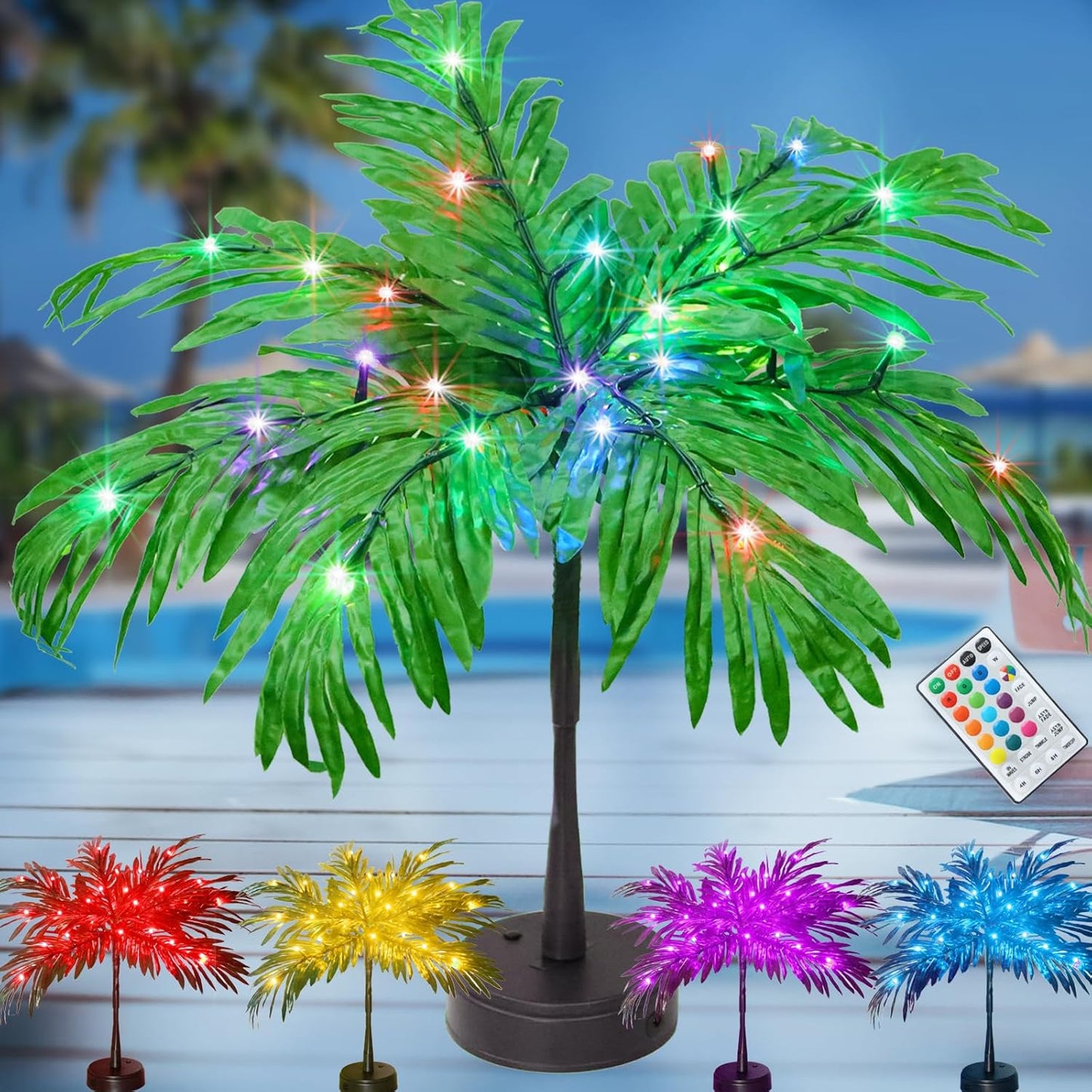 23In Color Changing Light Up Palm Tree - Battery/USB Powered Artificial LED Lights for Tropical Party Decorations, Luau Summer Hawaiian Home Table Top Decor