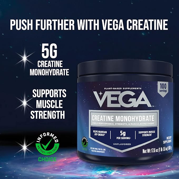 Vega Creatine Monohydrate Micronized Powder, Pure Unflavored, 100 Servings, 5000mg Per Serving, 17.6 oz