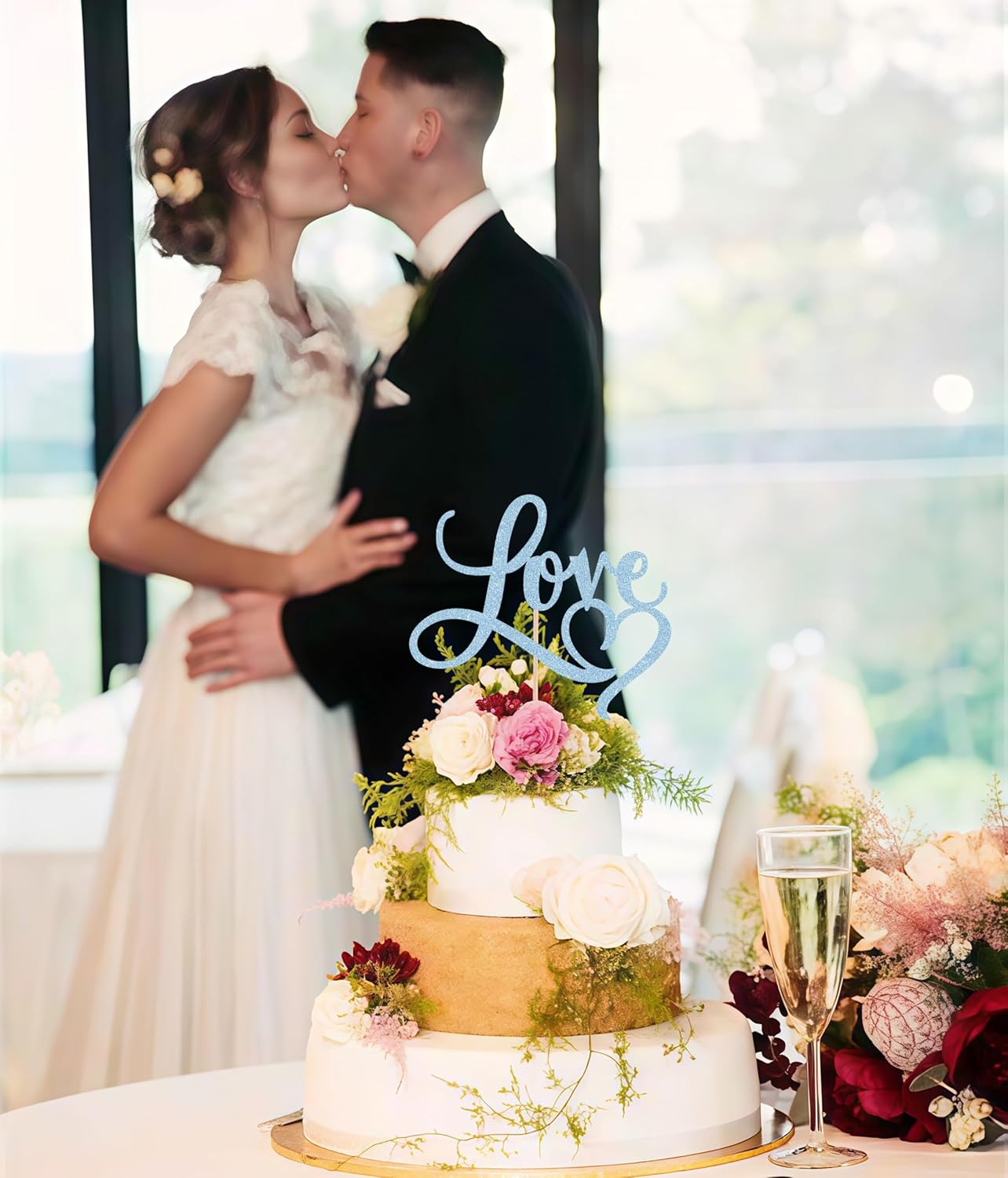 Love Cake Topper - Light Blue Glitter Paper Wedding Cake Decoration Supplies, Perfect for Bridal Shower/Engagement/Anniversary/Birthday Party