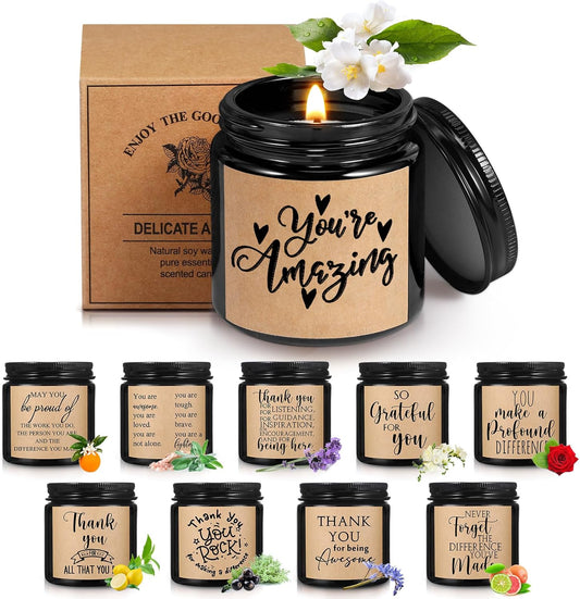 Roowest 10 Jars Thank You Gift Candles 3.5 oz Employee Appreciation Gifts Bulk Soy Wax Jar Inspirational Candle Thank You for Coworkers Employee Women Teacher Volunteers(Black,Classic Style)