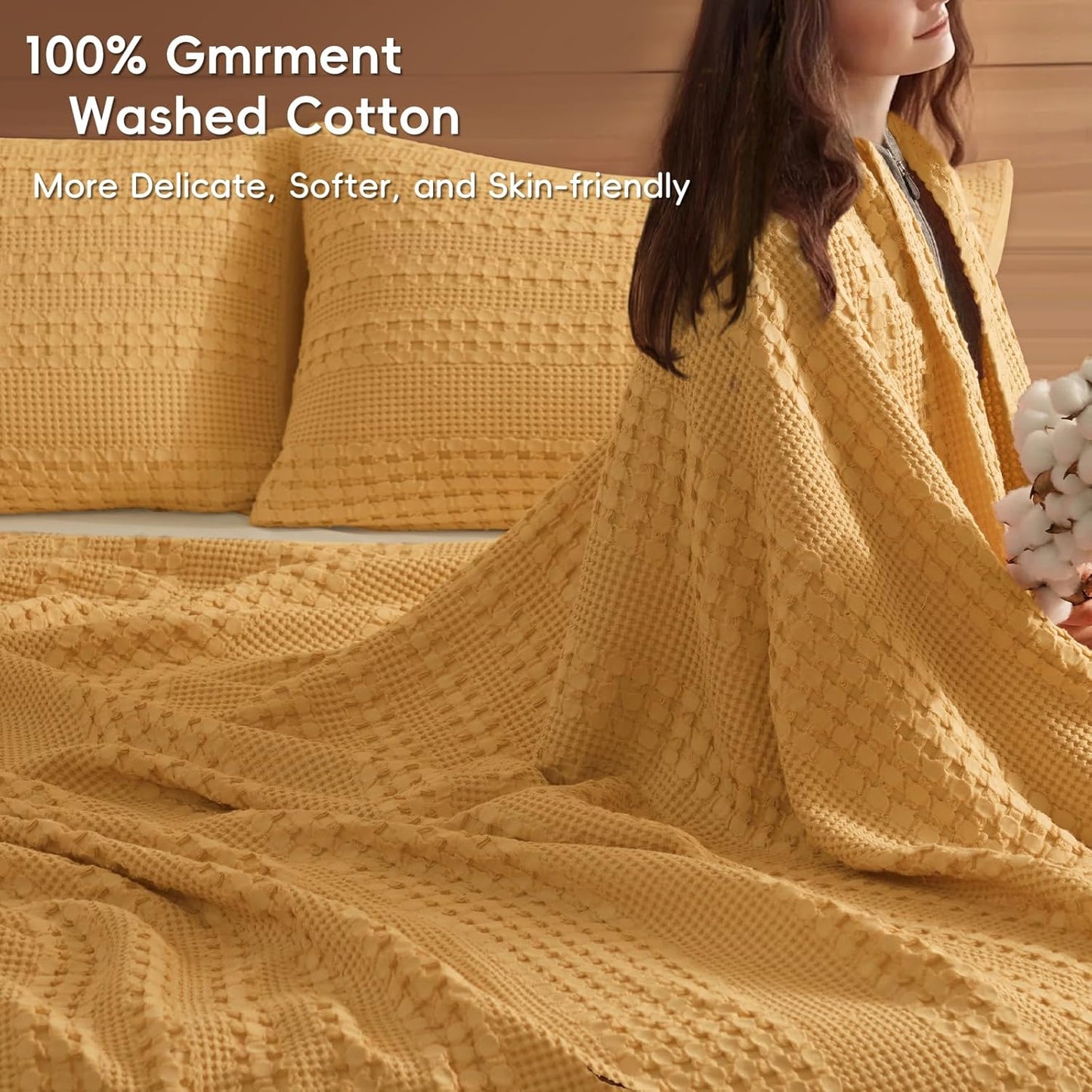 PHF 100% Cotton Waffle Weave Blanket Twin Size for Bed, Soft Lightweight & Breathable, All-Season Comfort, Luxury Aesthetic Woven Bedding for Home Decor, 66"x90", Ginger/Honey Yellow