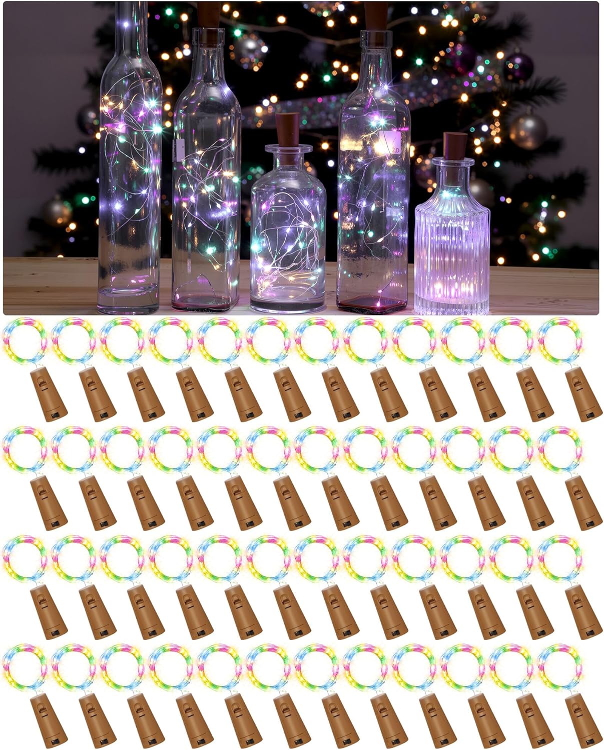 Hortsun 60 Pack Wine Bottle Lights with Cork Fairy Mini String Lights Battery Operated Mini Waterproof 7 ft Silver Wire 20 Led Cork Shape for Christmas, DIY, Party, Decor, Wedding, Bar (Multicolor)