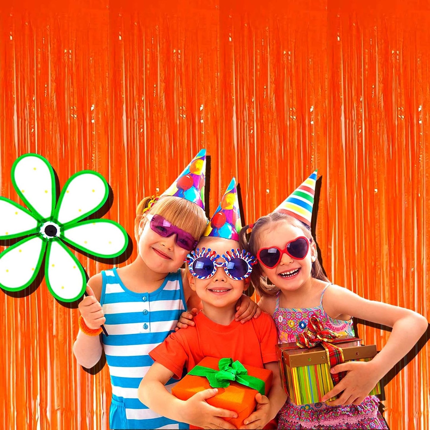 4 Pack Macaron Orange 8.2Ft Tinsel Foil Fringe Curtain Backdrop, 3.28Ft Metallic Streamers for Photo Booth Props Bachelorette Birthday Halloween Christmas Party Decoration