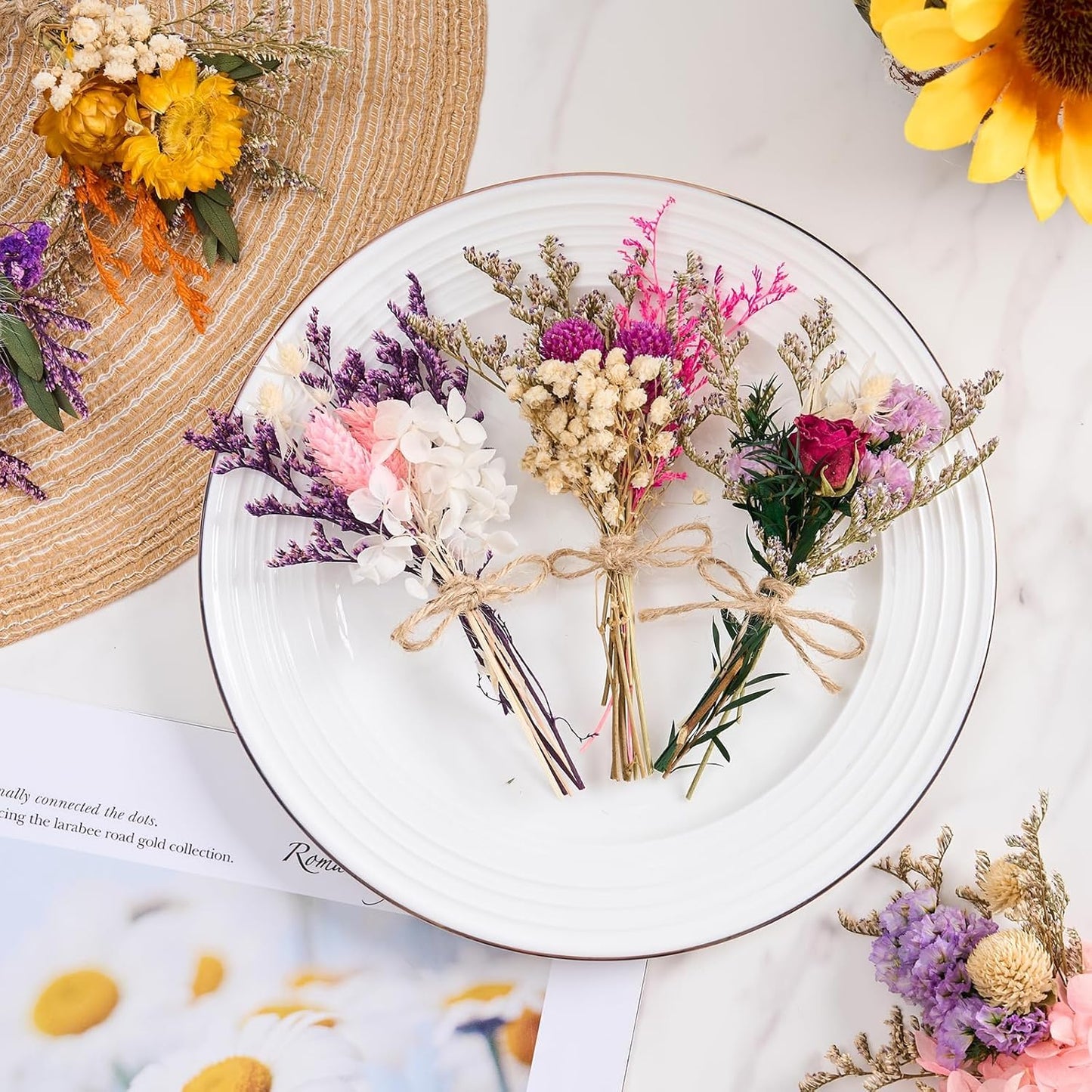 12/24 PCS Charming Dried Flowers Bouquet for Vase Various Dried Wildflowers with Stems Mini Handmade Wildflowers Natural Real Flowers Bulk Flowers Craft (Blossoms, 24 PCS)