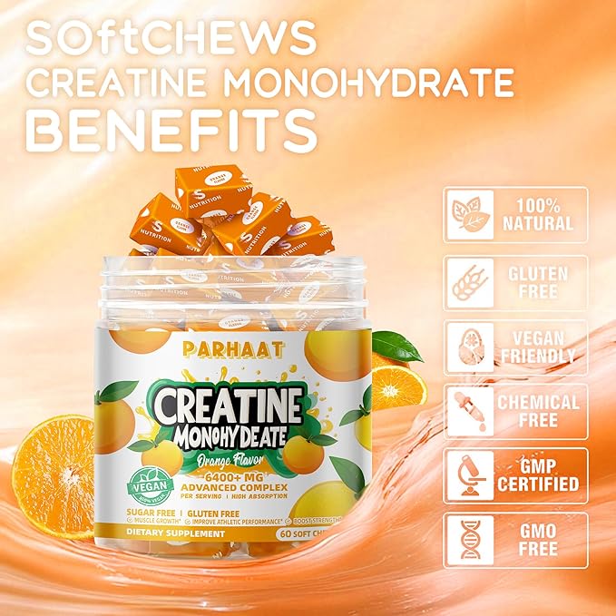 Creatine Monohydrate Chews Complex 6400mg for Men & Women -Advanced Formula W/L-Taurine + Vitamin B12, Sugar Free Chewable Supplement,60 Orange Softchews