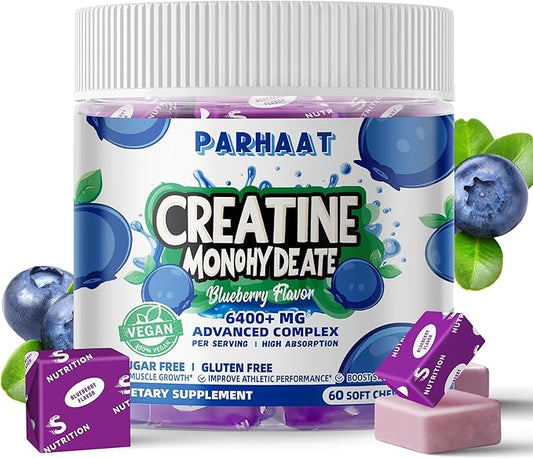 Creatine Monohydrate Chews Complex 6400mg for Men & Women -Advanced Formula W/L-Taurine + Vitamin B12, Sugar Free Chewable Supplement,60 Blueberry Softchews