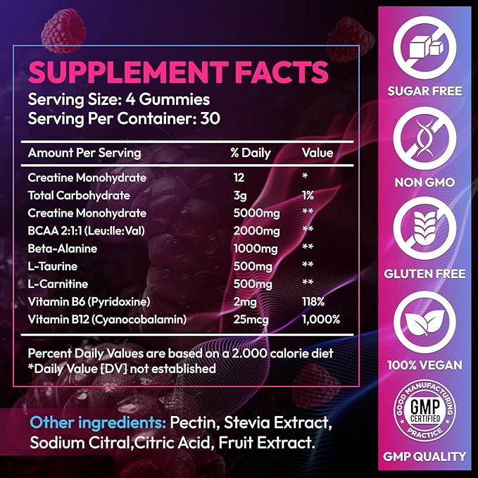 Creatine Gummies Monohydrate Complex 9000MG, Pre-Workout Supplement for Men & Women, Creatine Supplement with L-Taurine, BCAA 2:1, B12/6 for Muscle Support, Enhance Strength, Energy Boost-120 Count
