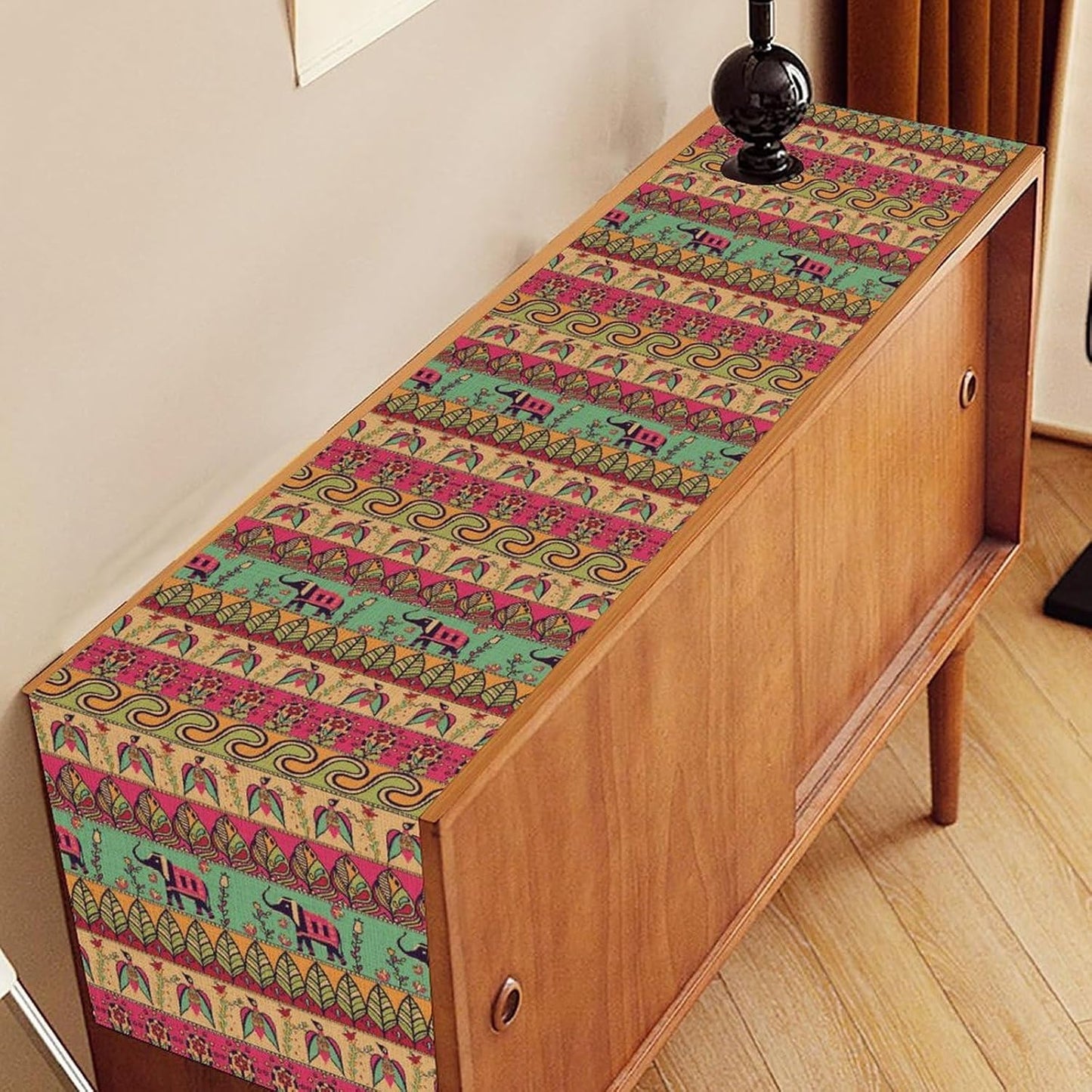 Boho Table Runner, Indian Bohemian Elephant Mandala Paisley Floral Hippie Art Print Table Center Decor for Home Kitchen Dining Patio Holiday Party Indoor Outdoor Table Decorations, 13"x36" Inch