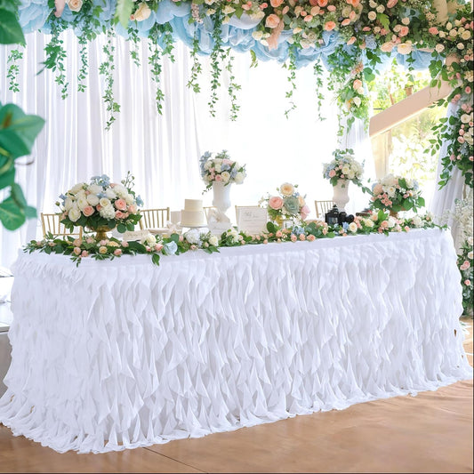 Partisky White Tulle Curly Willow Table Skirt for Rectangle Table 17ft, Ruffle Tutu Table Cloth for Wedding,Bridal Shower, Baby Shower,Birthday Party