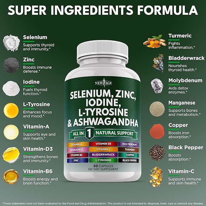 NEW AGE Selenium, Zinc, Iodine, L Tyrosine, Ashwagandha - Supplement for Women and Men with Bladderwrack, Turmeric, Silica Kelp, Schisandra - 120 Count