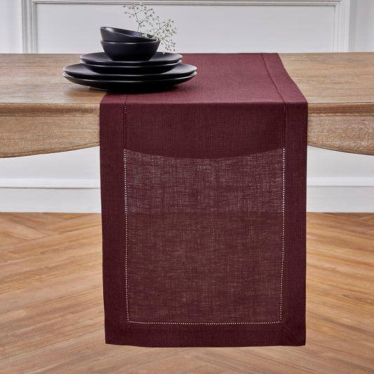 Solino Home Linen Table Runner 48 Inches - 100% Pure Linen Burgundy Hemstitch Table Runner 14 x 48 Inch Ideal for Dresser and Coffee Tables - Fall, Autumn, Thanksgiving, Holiday - Classic Hemstitch
