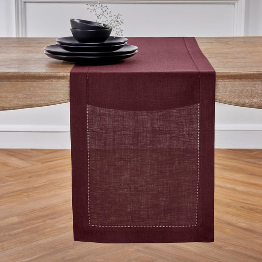 Solino Home Linen Table Runner 60 Inches - 100% Pure Linen Burgundy Hemstitch Table Runner 14 x 60 Inch Ideal for Dresser and Coffee Tables - Fall, Thanksgiving, Christmas, Holiday - Classic Hemstitch