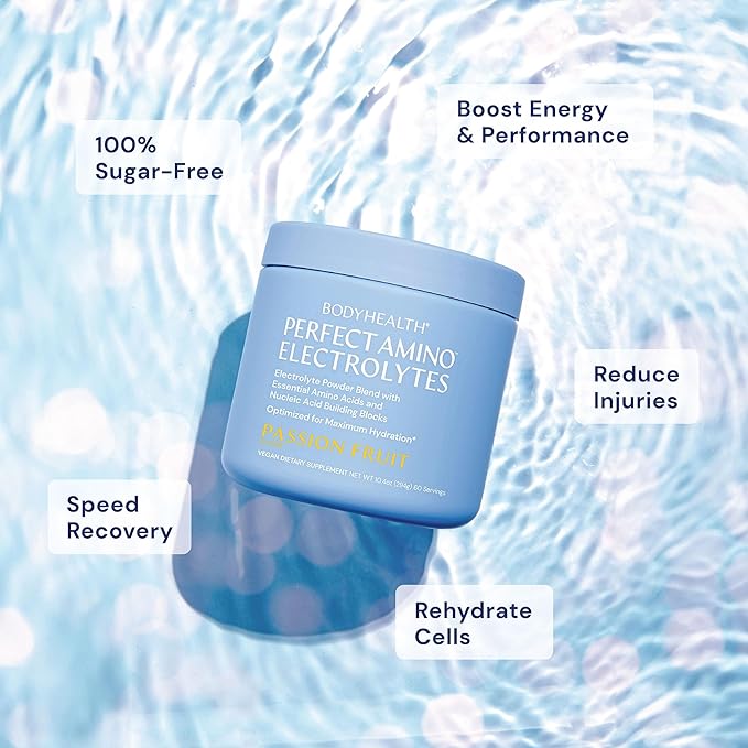 BodyHealth PerfectAmino Electrolytes Powder No Sugar, Hydration Fasting Keto Zero Sugar Electrolytes Drink Mix with Trace Minerals - Passion Fruit - 60 Servings