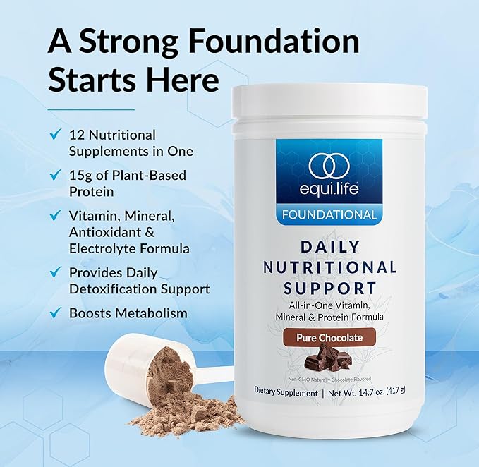 Equilife Daily Nutritional Support, All-in-One Multivitamin Meal Replacement, Pure Chocolate Flavor, 15G Plant Protein, Supports Overall Wellness Including Energy, Digestion, & Skin, 14 Servings Tub