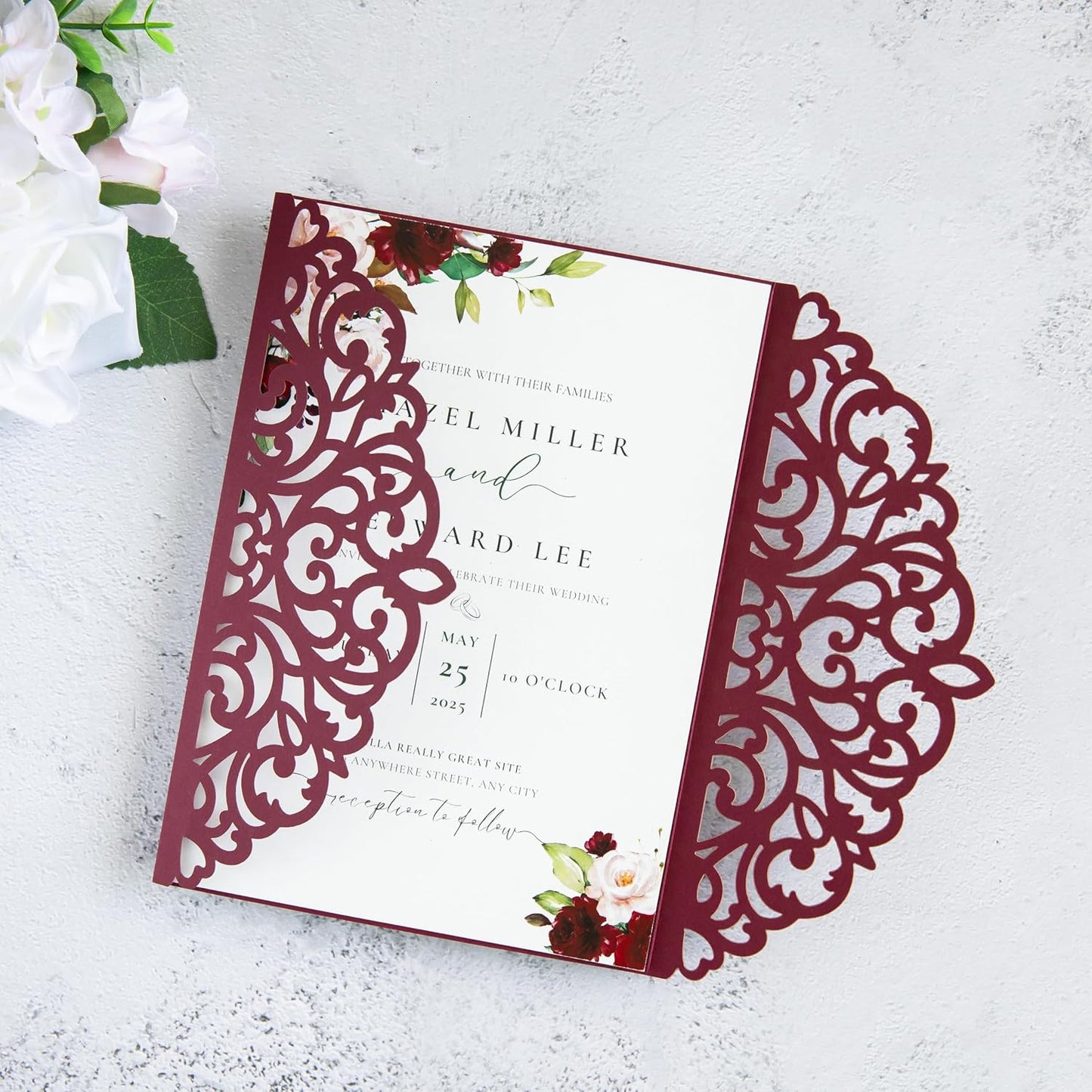 20Pcs Burgundy Laser Cut Invitation Cards With Blank Inner Sheets for Wedding Cards Bridal Shower Engagement Quinceanera Invitation (No Envelopes)