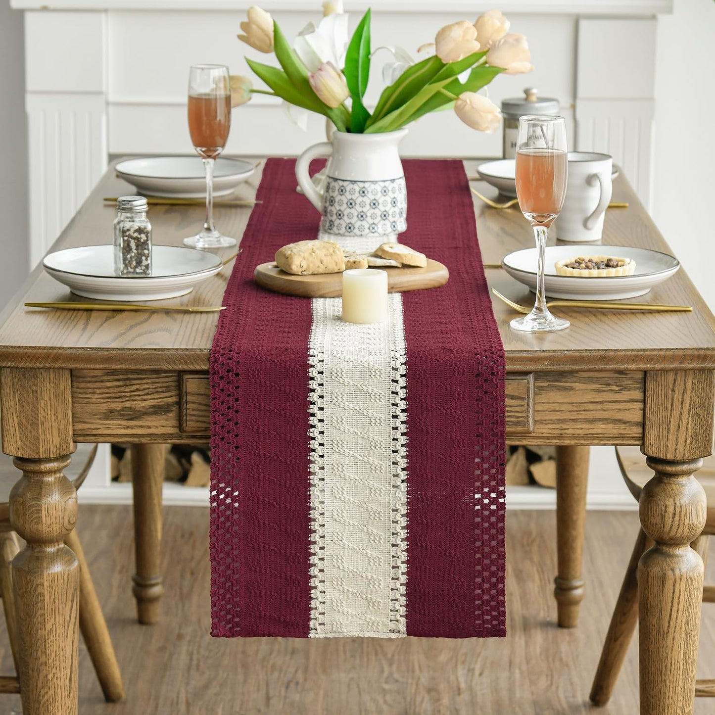 Artoid Mode Red Farmhouse Rustic Table Runner, Seasonal Hollow Kitchen Dining Table Decoration for Home Party Decor 12x60 Inch