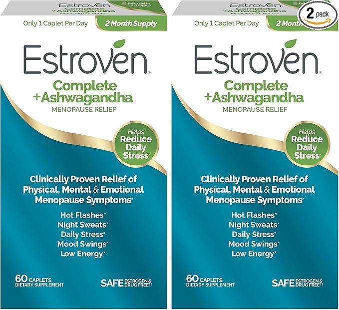 Estroven Complete + Ashwagandha Multi-Symptom Menopause Supplement for Women - Clinically Proven Ingredients Provide Menopause Relief & Night Sweats + Hot Flash Relief* - 4 Month Supply (Pack of 2)