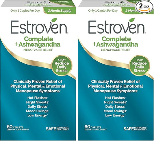 Estroven Complete + Ashwagandha Multi-Symptom Menopause Supplement for Women - Clinically Proven Ingredients Provide Menopause Relief & Night Sweats + Hot Flash Relief* - 4 Month Supply (Pack of 2)