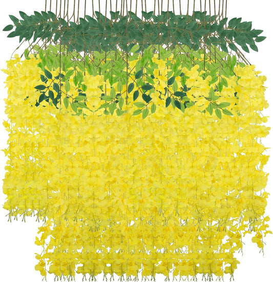 36 Pack Wisteria Hanging Artificial Flowers Fake Flowers Ratta Hanging Garland Silk Flowers String for Home Garden Party Wedding Backdrop Arch Decor (Yellow)