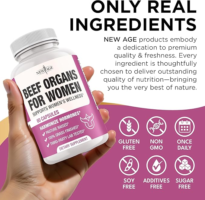 NEW AGE Beef Organ Supplement for Women - Beef Liver, Kidney, Heart and Uterus Tissue, Supports Women's Overall Energy and Health - Pasture Raised, Grass Fed - No Fillers - 180 Capsules