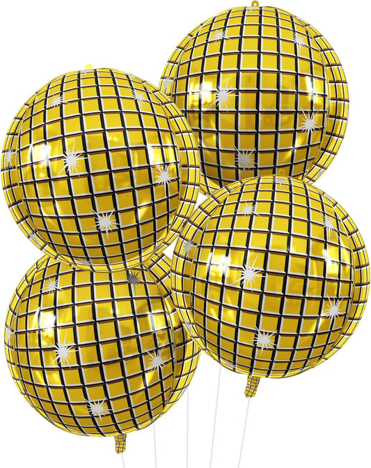 Disco Ball Balloons 4PC,Foil Disco Balloons 22 Inch 4D Round Metallic Gold Balloon for 70s 80s Birthday Bachelorette Graduation Gold Decorations