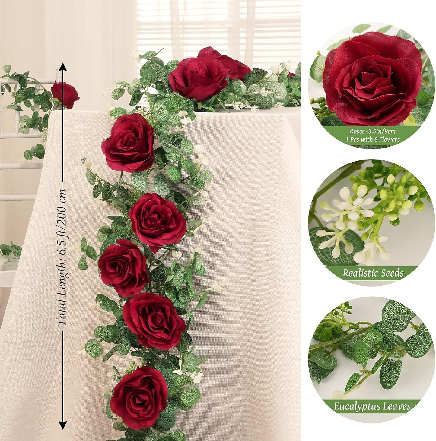 Dolicer 4Pcs 26Ft Artificial Eucalyptus Garlands with Flowers - 8 Roses, Faux Floral Greenery Garlands Fake Flowers Vines for Wedding Table Centerpieces Arch Party Ceremony Backdrop Decor (Red)