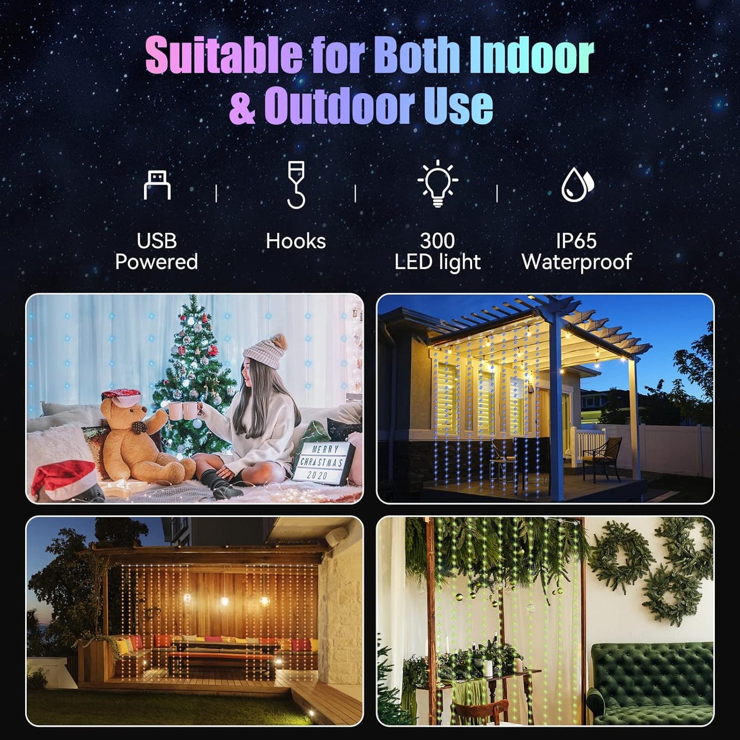 Dazzle Bright Window Curtain Fairy Lights, 300 LED RGB Color Changing Copper Fairy Lights with Remote, 4 Lighting Modes USB Powered Icicle Lights for Indoor Outdoor Wedding Party Xmas Decor