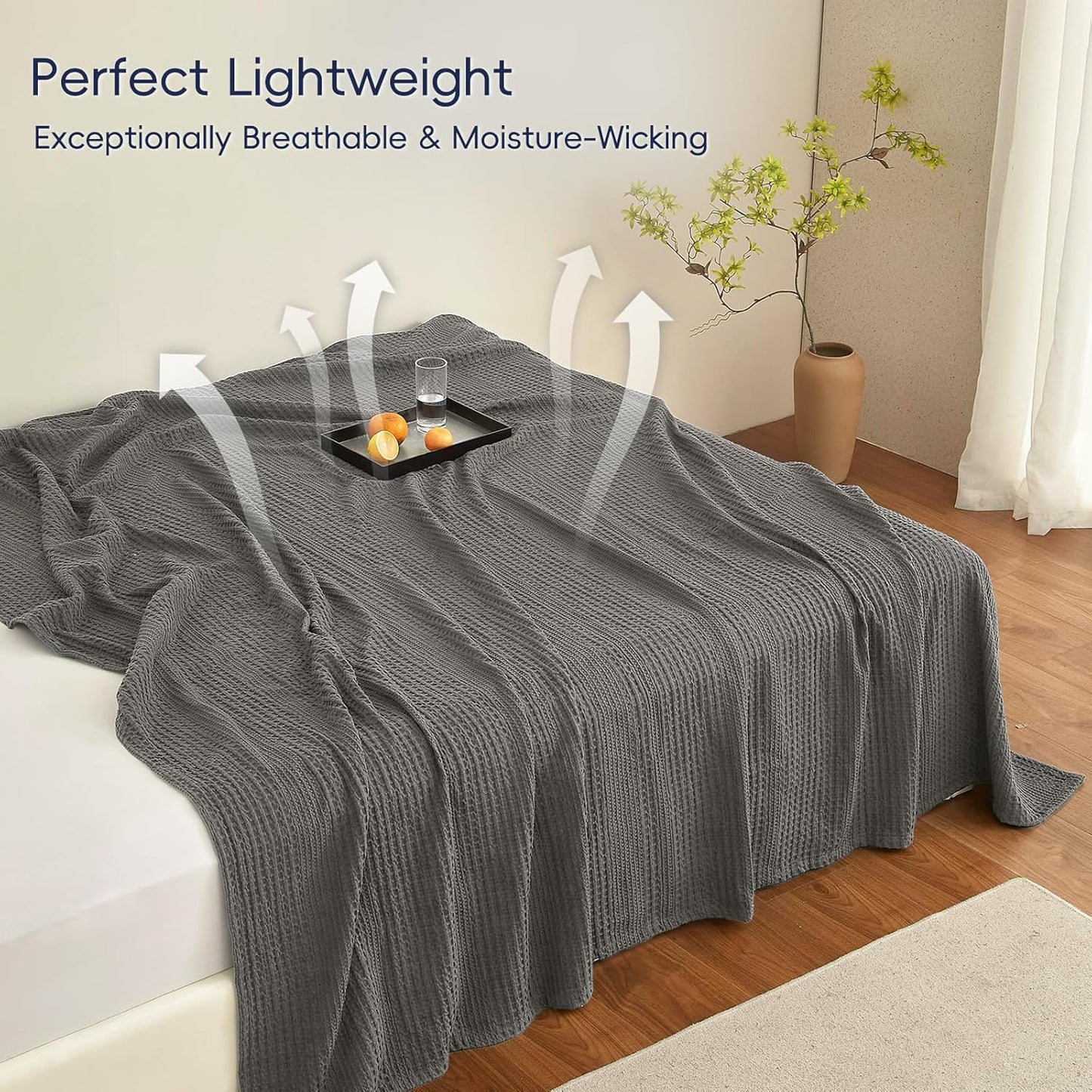PHF Lightweight Waffle Weave Blanket Queen Size, Breathable & Ultra Soft, 90"x 90" Soft & Cozy Thin Blanket for All Season & Hot Sleepers, Bed, Home Decor - Grey
