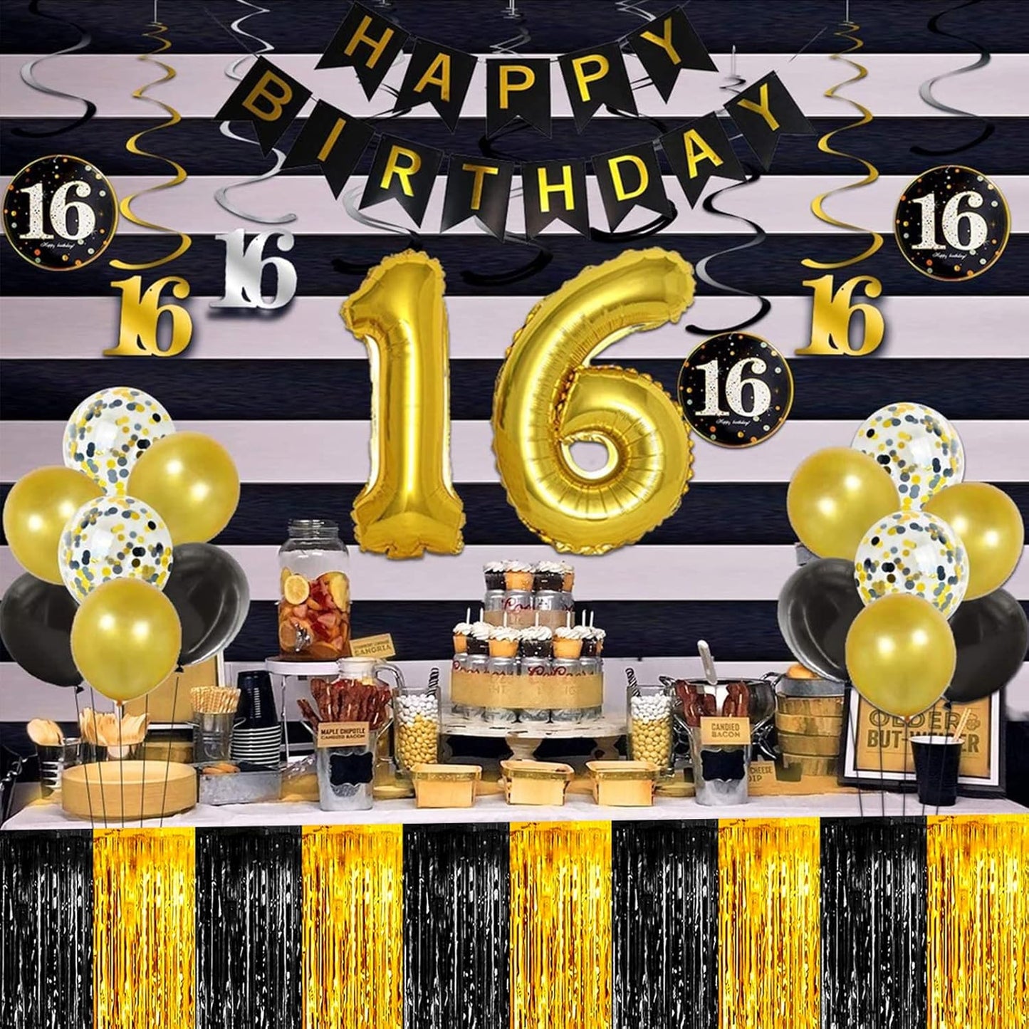 4 Pack 29x108 Inch Metallic Foil Fringe Tinsel Table Skirts for Rectangle Tables Streamer Backdrop for Wedding, Birthday, Parade Floats, Christmas, Halloween Party Decoration(Black Gold)