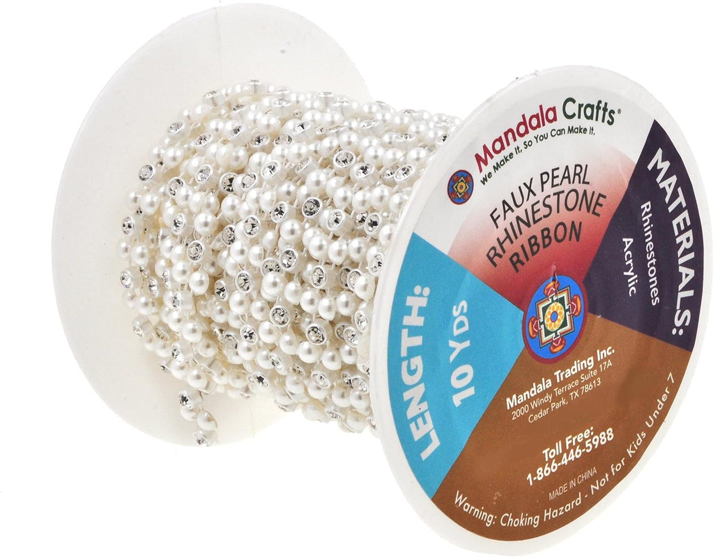 Mandala Crafts 0.25 Inch Crystal Faux White Pearl Beads Roll - 10 Yards Strand of Rhinestones Fake Pearls Chain Garlands Spool String for Christmas Tree, Wedding, Party, Vases, DIY Decoration