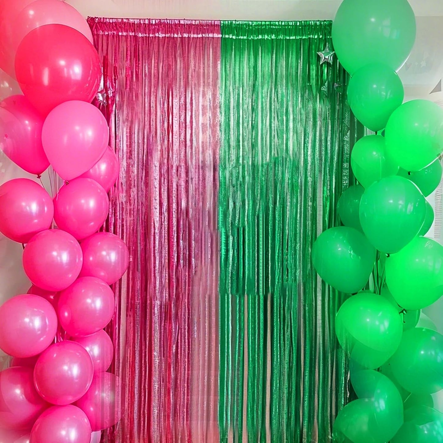 4 Packs Pink and Green Foil Fringe Curtain, Pink Green Metallic Tinsel Backdrop for Birthday, Baby Shower, Princess Bachelorette Party, Witch Party Decorations Supplies