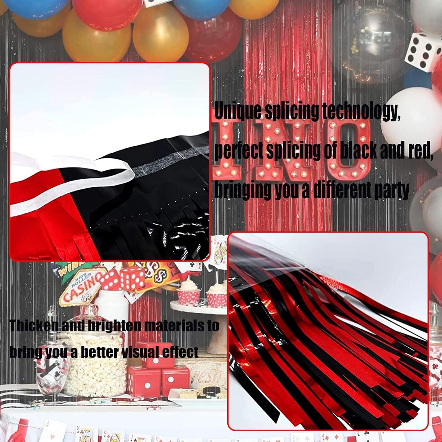 4 Pack Foil Fringe Curtain Backdrop, 3.28Ft x 8.2Ft Metallic Tinsel Foil Fringe Streamers for Photo Booth, Wedding, Casino Viva Las Vegas Game Night Birthday Party Decoration (Black Red)