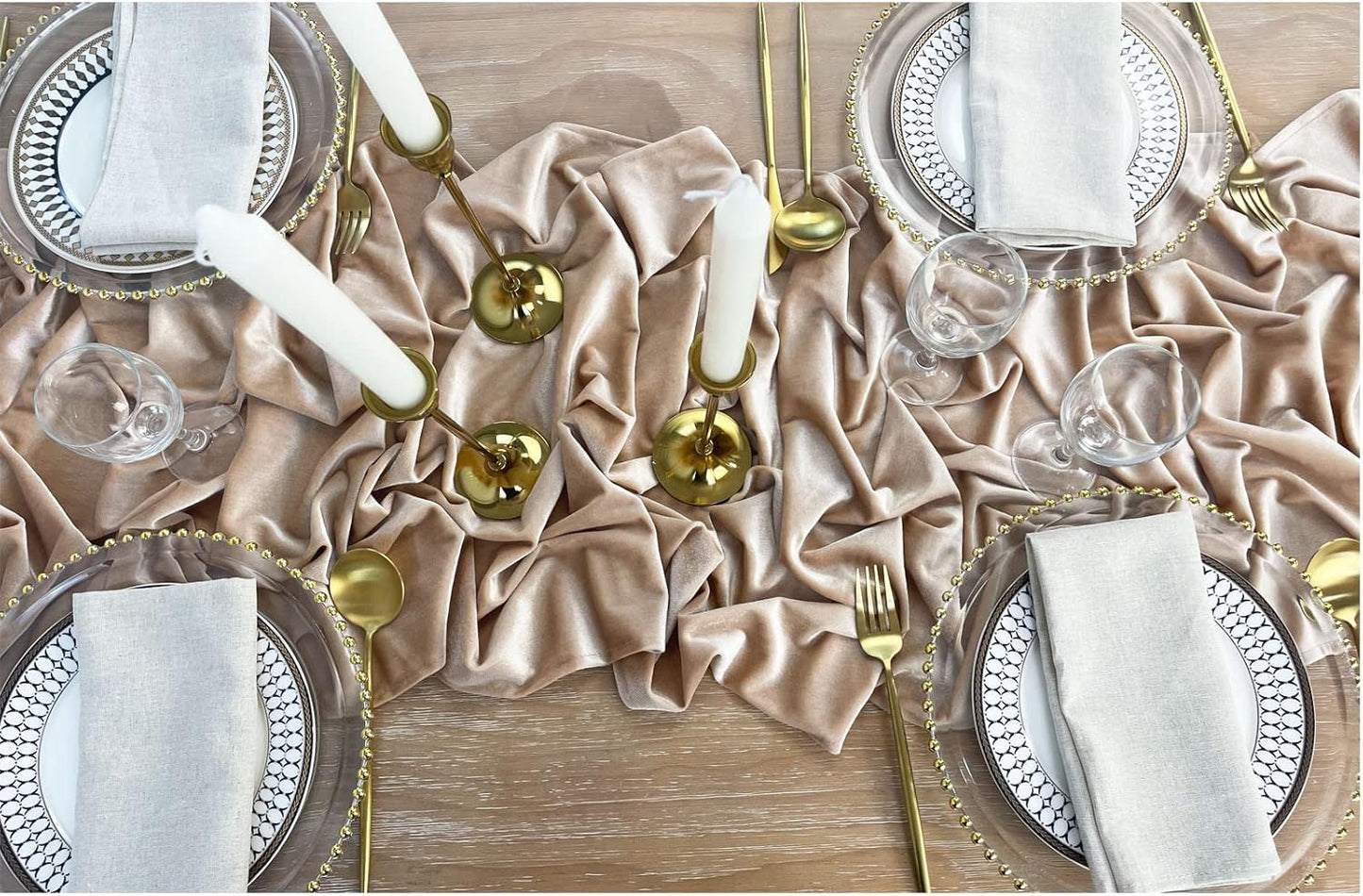 Luxurious Velvet Table Runner, 10ft Wedding Reception Decorations, 20x120inch Soft Velvet Fabric, Table Linen Overlay, Wedding Table Runners (Champagne, 20X120inch)