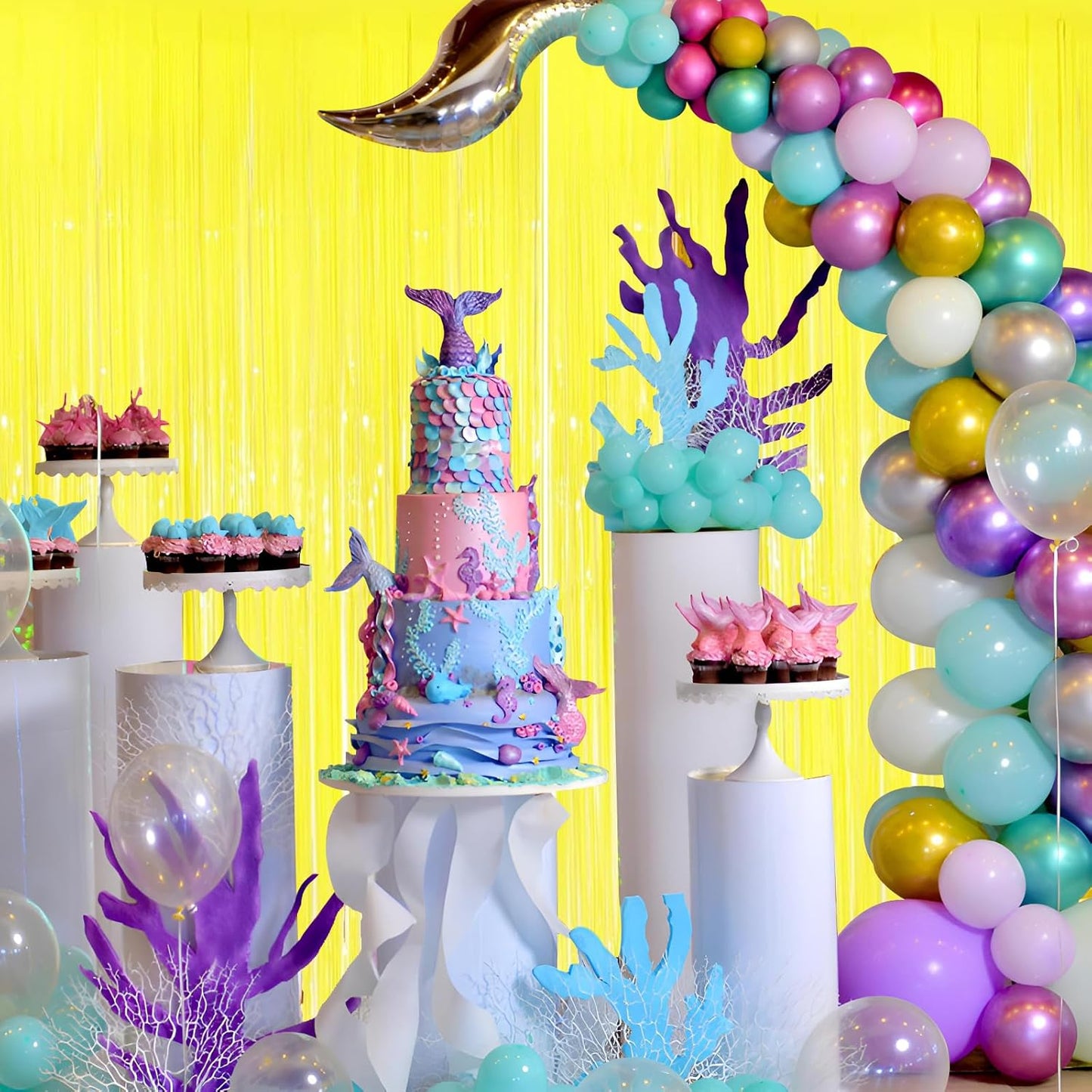 Keyali 2 Pack 3.3 * 8.3 ft Foil Curtain Metallic Tinsel Fringe Curtains Photo Booth Props Backdrop for Birthday Wedding Engagement Baby Shower Christmas Holiday Celebration Party，Macaron Yellow