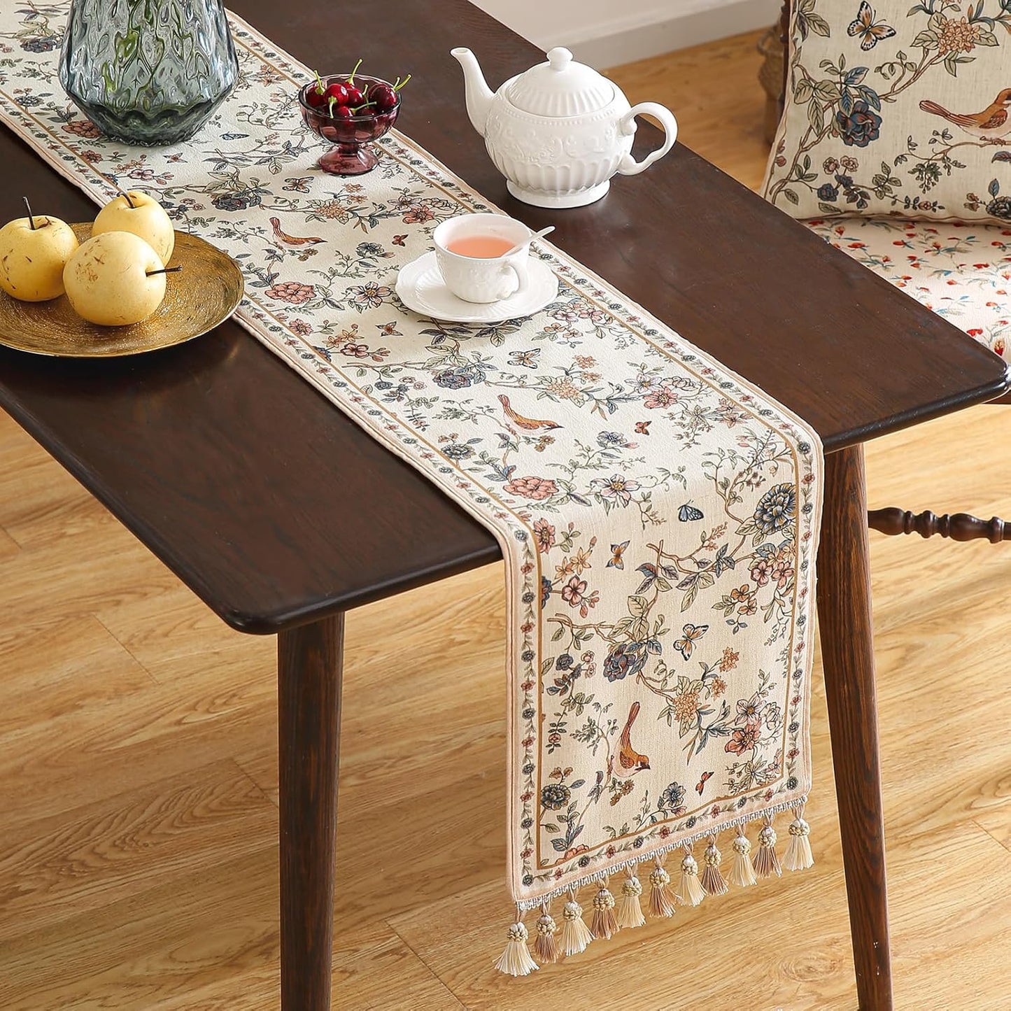 ISAENNE Designer Linen Table Runner 87 Inches Long,Elegant Floral Bird Pattern Table Runners for Dining Room,Farmhouse Rustic Kitchen Decor,Thanksgiving,Christmas,12"*87"-Cornucopia