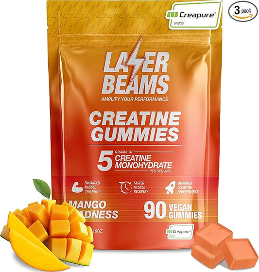 Creatine Monohydrate Gummies for Women & Men - 5g Creapure Creatine per Serving - Vegan, Mango Flavor - Boost Muscle Strength, Endurance, Recovery & Mental Focus (90 Gummies)