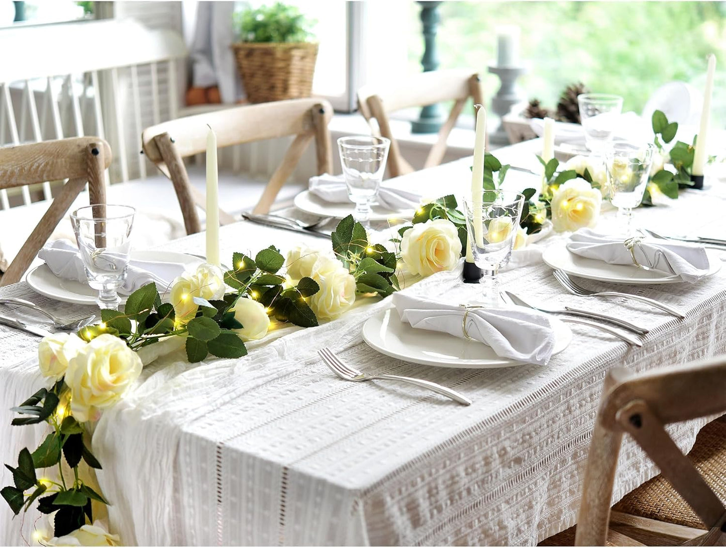 FiveSeasonStuff Product Image 29 Ft 4 Pack Cream White Rose Silk Flower Garland Artificial Flowers Decoration Hanging Floral with 66 feet String Lights